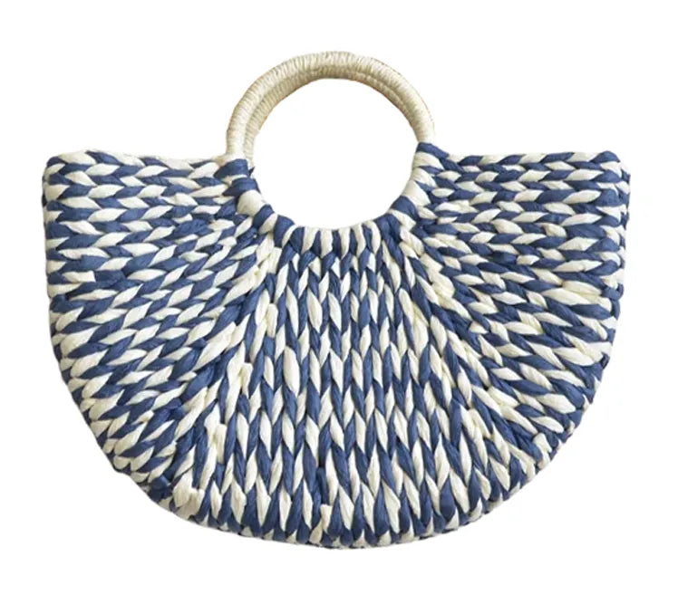 Bolsa Estruturada Palha Colorida Recifes Azul e Branca