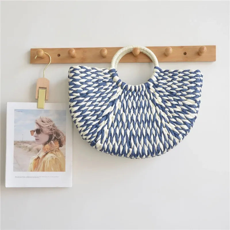 Bolsa Estruturada Palha Colorida Recifes Azul e Branca